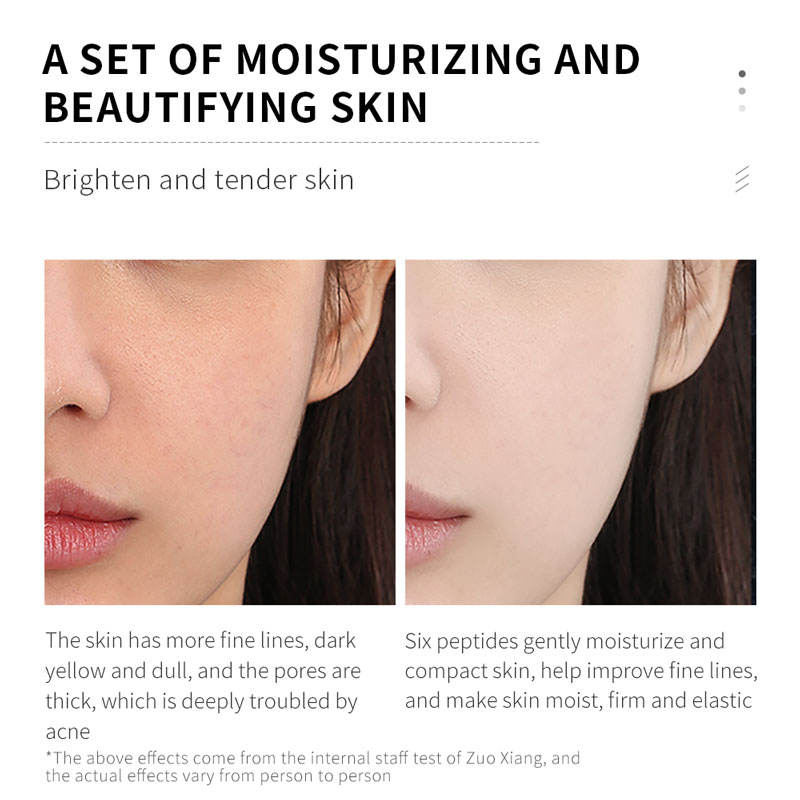 A skincare marketing graphic with the headline 'A SET OF MOISTURIZING AND BEAUTIFYING SKIN' and subtext 'Brighten and tender skin.' It shows a side-by-side close-up of a woman's cheek and mouth area before/after style skin results, with descriptive text below.
