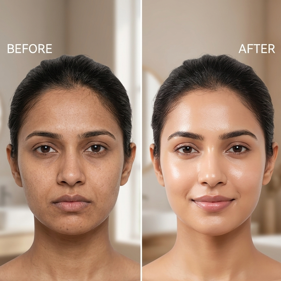 A side-by-side before and after comparison of a woman's face, showing a skincare or makeup result. The left side labeled BEFORE shows a natural, matte complexion, and the right side labeled AFTER shows a smooth, radiant, and polished finish.