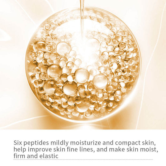 A golden cosmetic droplet filled with translucent oil droplets on a warm cream background, with text below describing skincare benefits in English.