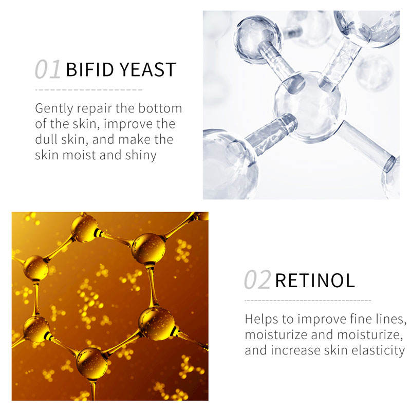 A promotional graphic with two panels explaining skincare benefits: '01 BIFID YEAST' with a white background and glass molecule image, and '02 RETINOL' with an orange-gold molecule image and text about improving fine lines and skin elasticity.